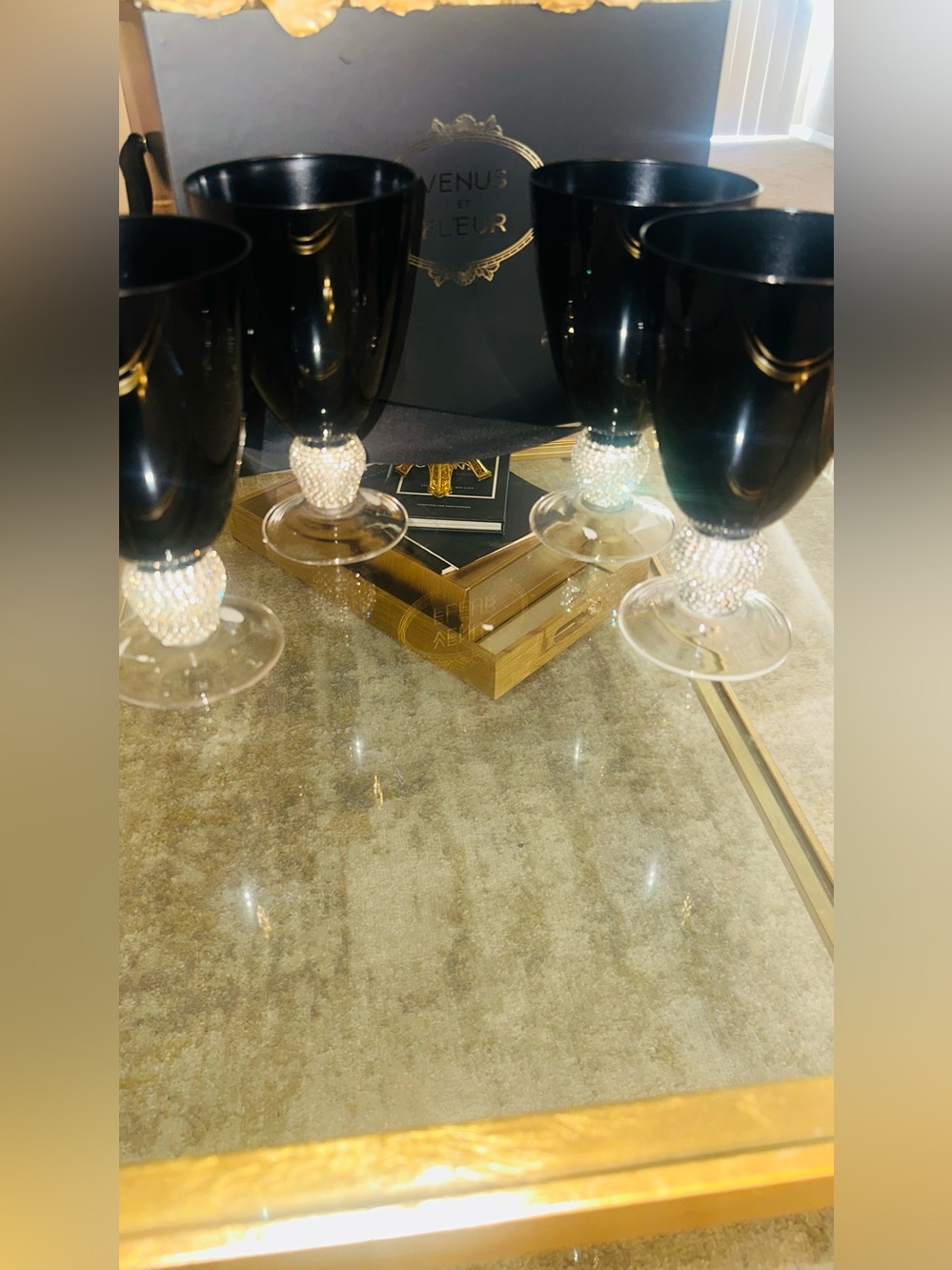 Elegant Black Rhinestone Embellished Goblet Set - Home Dining